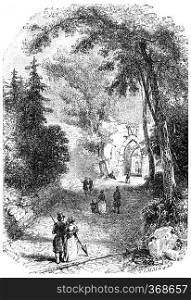 Entrance of the old castle, Baden, vintage engraved illustration. From Chemin des Ecoliers, 1861. 