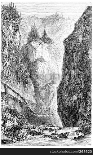 Entrance of the Val d’Enfer  Black Forest , vintage engraved illustration. From Chemin des Ecoliers, 1861. 