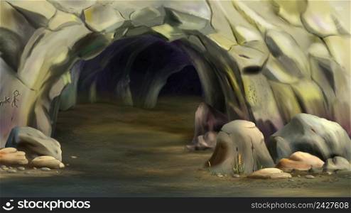 Entrance to the cave of prehistoric man. Digital Painting Background, Illustration.. Entrance to the cave of prehistoric man 1