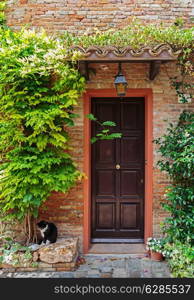 Entrance to the old Italian house and the cat on the doorstep