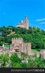 Entrance to Tsarevets fortress with the Patriarchal Cathedral of the Holy Ascension of God in Veliko Tarnovo, Bulgaria, on a sunny summer day. Tsarevets fortress in Veliko Tarnovo, Bulgaria