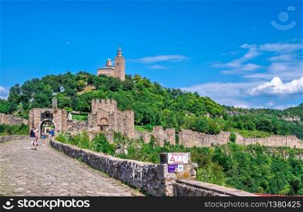 Entrance to Tsarevets fortress with the Patriarchal Cathedral of the Holy Ascension of God in Veliko Tarnovo, Bulgaria, on a sunny summer day. Tsarevets fortress in Veliko Tarnovo, Bulgaria