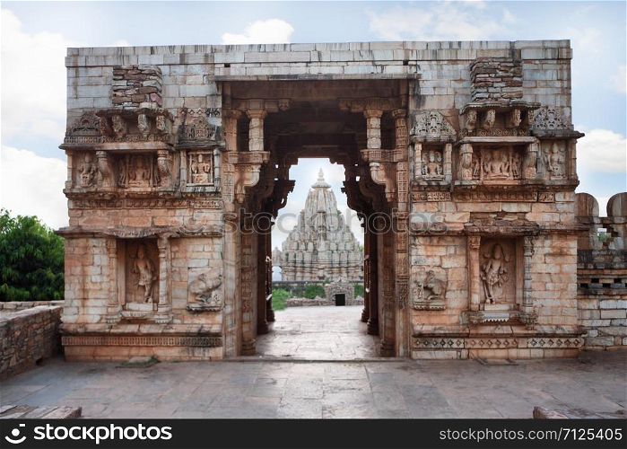 Entrance to Vijay Stambh, Chittorgarh, Rajasthan, India. A glimpse of Mirabai Temple is also seen through the gate