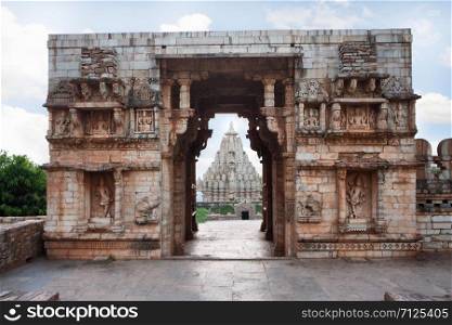 Entrance to Vijay Stambh, Chittorgarh, Rajasthan, India. A glimpse of Mirabai Temple is also seen through the gate