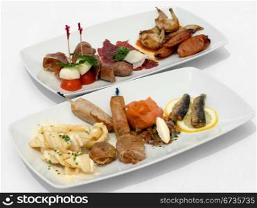 Entree tasting plates containing an assortment of seafood and meats