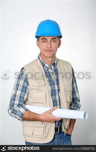 Entrepreneur standing with plan on white background
