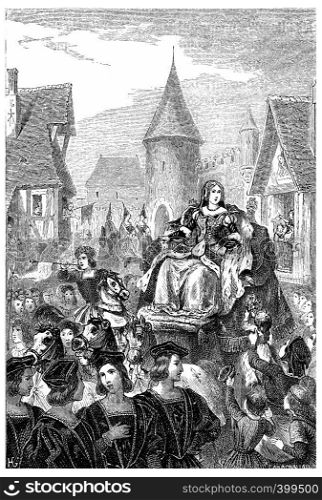 Entry of Anne of Brittany in Lyon, vintage engraved illustration.