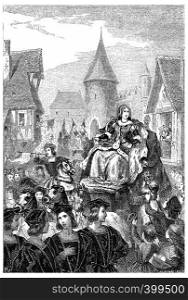 Entry of Anne of Brittany in Lyon, vintage engraved illustration.