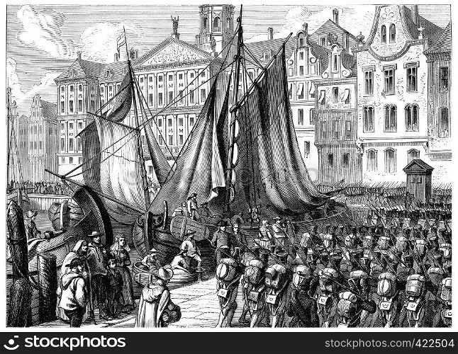 Entry of French troops in Amsterdam, vintage engraved illustration. History of France ? 1885.