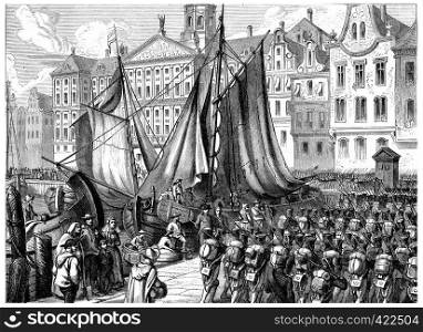 Entry of French troops in Amsterdam, vintage engraved illustration. History of France ? 1885.