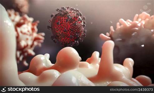entry of virus into cell 3D illustration. Entry of virus into cell