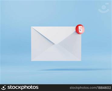 Envelope 3D E-mail icon and five messages notification, New incoming messages unread mail, SMS inbox or mailbox, logotype graphic element design on blue background, 3D rendering illustration