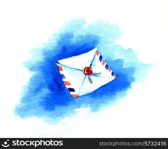 Envelope against the blue sky. Watercolor illustration