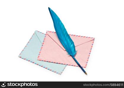 Envelope and feather isolated on the white
