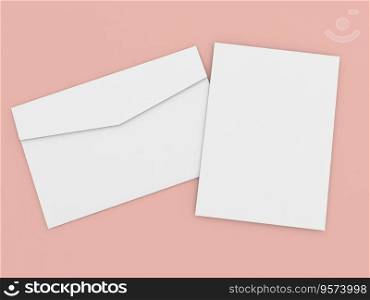 Envelope and sheet of A4 paper on a pink background. 3d render illustration.. Envelope and sheet of A4 paper on a pink background. 