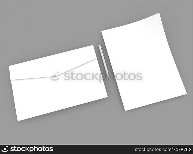 Envelope pen and sheet of paper mock up on gray background. 3d render illustration.. Envelope pen and sheet of paper mock up on gray background.