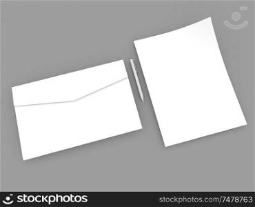 Envelope pen and sheet of paper mock up on gray background. 3d render illustration.. Envelope pen and sheet of paper mock up on gray background.