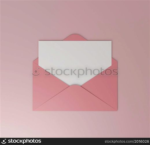 Envelope with empty blank paper as festive holiday greeting card or love letter 3D rendering illustration