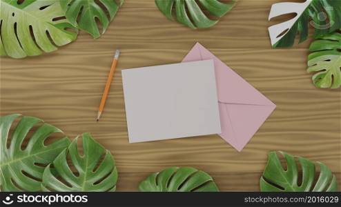 Envelope with empty blank paper as festive holiday greeting card or love letter on wooden plank with monstera tree leaves 3D rendering illustration