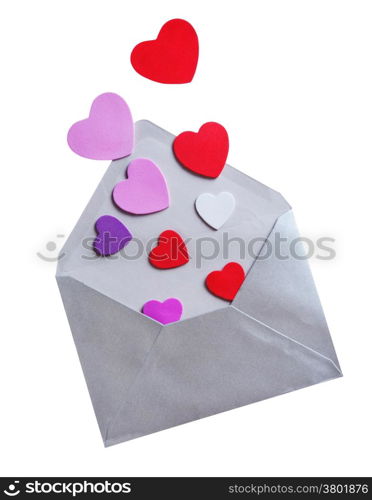 Envelope with foam shapes hearts for valentine day on white background