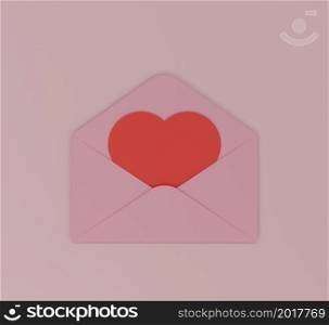 Envelope with red heart shape paper love letter or festive holiday invitation card for wedding day 3D rendering illustration