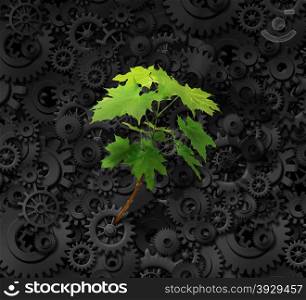 Environment and business concept with a background made of industrial gears and cog wheels and a determined green sapling tree emerging out of the heavy steal machine as a metaphor for environmental responsability and nature conservation.