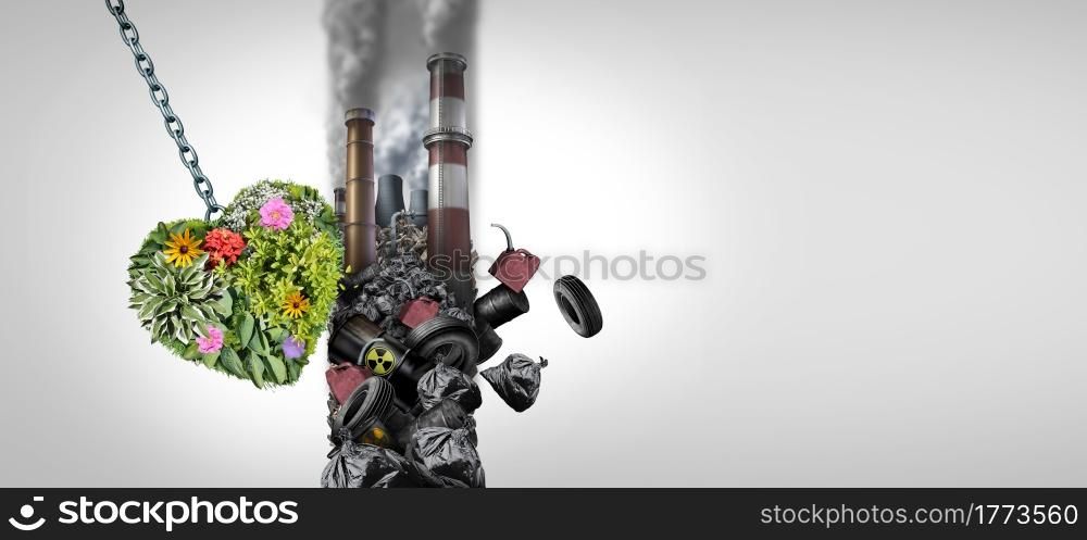 Environment And pollution as a group of green plants shaped as a heart destroying a polluted wall of dirty toxic industrial pollutants as a climate change solution concept with 3D illustration elements.
