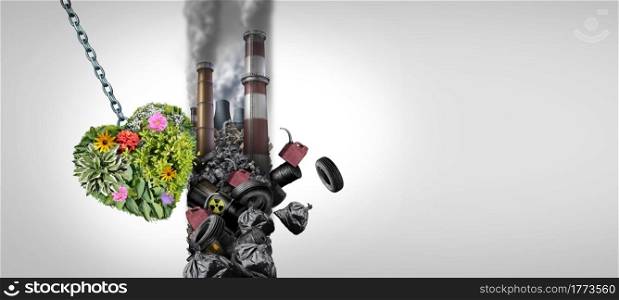 Environment And pollution as a group of green plants shaped as a heart destroying a polluted wall of dirty toxic industrial pollutants as a climate change solution concept with 3D illustration elements.