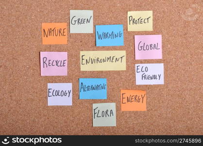 environment concept with keywords written on colorful note papers (bulletin board)