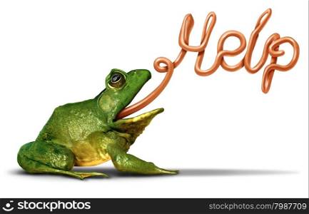 Environment help symbol as a green frog sending a message and communicating with its tongue shaped as a word for the need for assistance to protect natural habitat from pollution and ecological damage.