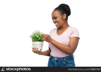environment, nature and people concept - happy smiling african american woman holding flower in pot over white background. happy smiling african woman holding flower in pot