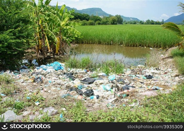 Environment problem at Vietnam countryside, landfill at farmland, polluted water, green rice field and heap of household waste, lack of awareness can make climate change, Mekong Delta, Viet nam