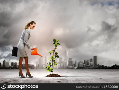 Environment protection. Image of businesswoman watering tree with pot. Ecology concept