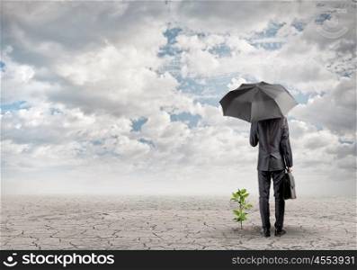 Environment protection. Rear view of businessman protecting little sprout with umbrella