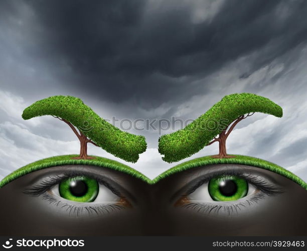 Environment stress and nature as a living entity with a green landscape as two human eyes underground with angry eyebrows made from trees as a metaphor for environmental challenges and conservation issues.