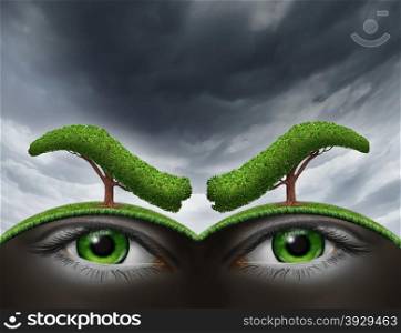 Environment stress and nature as a living entity with a green landscape as two human eyes underground with angry eyebrows made from trees as a metaphor for environmental challenges and conservation issues.