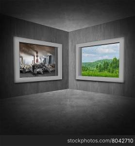 Environmental change concept as a room with two windows showing a polluted toxic environment contrasted by another window with green trees and clean air as a climate and ozone depletion symbol with 3D illustration elements.