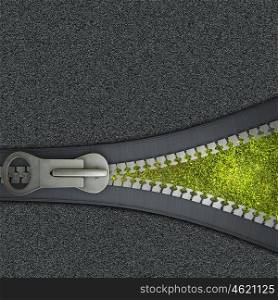 Environmental concept. Conceptual image with opening zipper and green grass