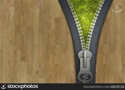 Environmental concept. Conceptual image with opening zipper and green grass