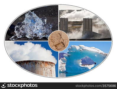 Environmental concept montage of a human carbon footprint and different environmental changes, icebergs and pollution