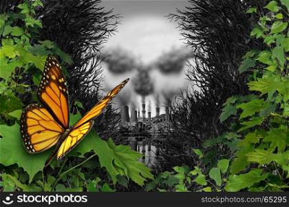 Environmental destruction and ecological natural habitat contamination as a butterfly looking at a polluted industrial area with coal chimneys and nuclear plants with toxic garbage with 3D illustration elements.