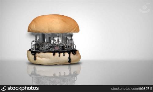 Environmental food toxins and pollution and nutrition or toxic pollutants contamination and eating a contaminated meal as a burger or hamburger containing industrial chemicals with 3D illustration elements.