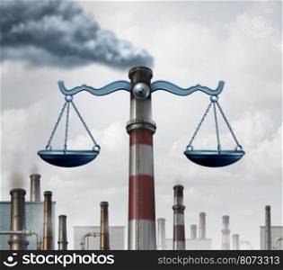 Environmental law symbol as an industrial smoke stack shaped as a justice scale as a metaphor for pollution regulations and clean air legislation with 3D illustration elements.