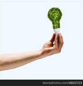 Environmental protection. Human hand holding bulb with green tree inside