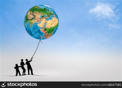 Environmental protection. Silhouettes of people pulling Earth plane with rope. Elements of this image are furnished by NASA