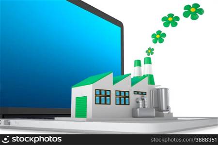 Environmentally friendly factory concept. Green factory on the laptop.&#xA;Concept: the importance of digitalizing in the infrastructures, considering also the environmental sustainability.