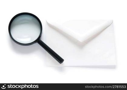 Envlope and magnifying glass isolated on white
