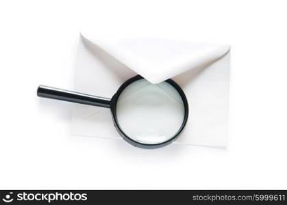 Envlope and magnifying glass isolated on white