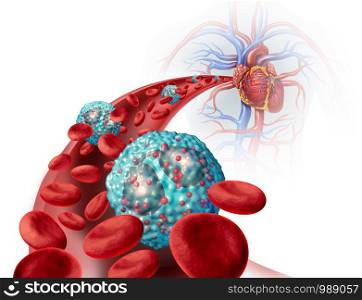 Eosinophil white blood cell inside the human body related to the immune system and allergy or asthma medical condition as cells inside an artery anatomy concept as a 3D illustration.