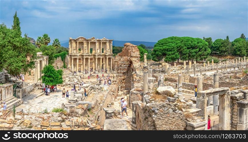 Ephesus, Turkey ? 07.17.2019. Ephesus Library of Celsus in antique city on a sunny summer day. Library of Celsus in antique Ephesus, Turkey